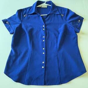 Kathy Che Royal Blue Short Sleeve Blouse with Gold Buckles Size 14